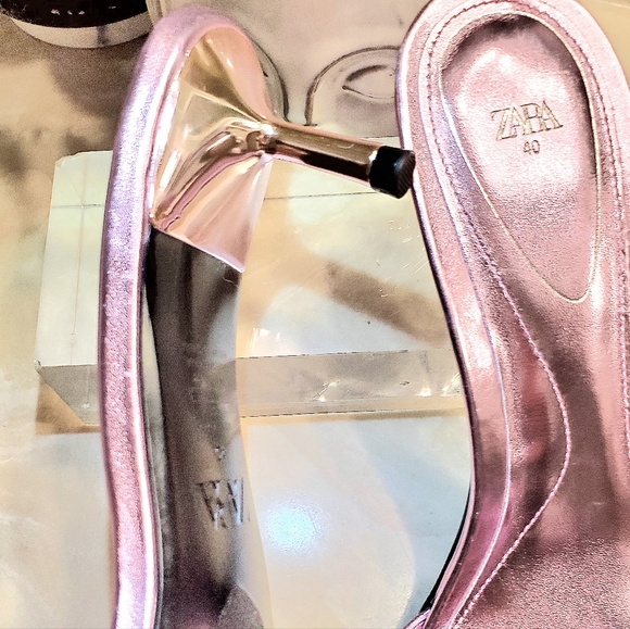 ZARA💖 PINK METALLIC AND RHINESTONE KITTEN HEEL SLIDES size Euro 40, (US 9 -9.5) - Picture 12 of 14